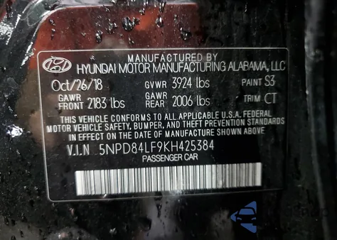 2019 Hyundai Elantra Sel z USA, uszkodzony, nr VIN 5NPD84LF9KH425384